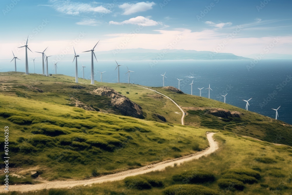 Windmills for electric power production, Zaragoza Province, Aragon, Spain, View from Cape Kaliakra to an offshore wind farm in Bulgaria, AI Generated - obrazy, fototapety, plakaty 