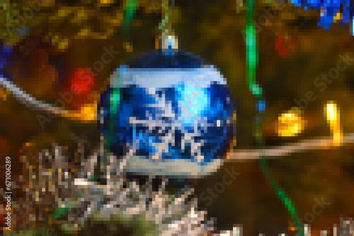 Background pixelated image on the theme of New Year and Christmas. Colored wallpaper postcards with a blurred image of New Year's decorations and Christmas tree toys.  photo
