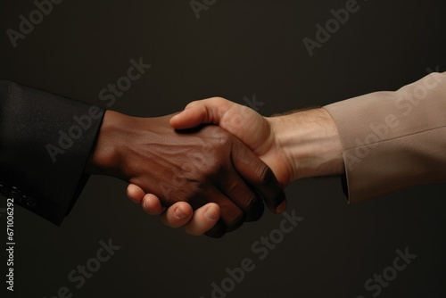 Close-up of Diverse hands in suits reach out, symbolising unity and respect in a corporate context, against a neutral background with clean lighting photo