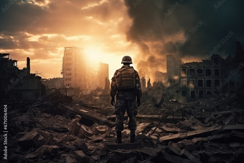Airsoft soldier in action against the background of the destroyed city, War Concept. Military man in uniform of World War II against the background of destroyed buildings, AI Generated - obrazy, fototapety, plakaty 