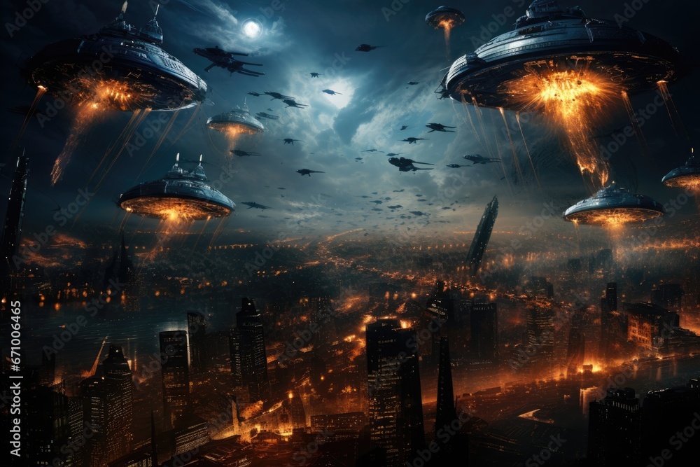 Flying saucers over city at night. Mixed media. Mixed media, war of the world with gigantic spaceships above a city, tentacles hanging down from the saucer-shaped spaceships, AI Generated