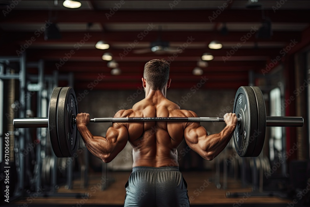 Handsome young muscular Caucasian man working out in a gym gaining weight pumping up muscles and poses fitness and bodybuilding concept, Weightlifter man practicing with barbells, AI Generated Handsome young muscular Caucasian man working out in a gym gaining weight pumping up muscles and poses fitness and bodybuilding concept, Weightlifter man practicing with barbells, AI Generated
