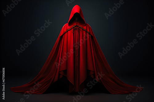 Mysterious figure without a face in a red cloak on a black background , generated ai