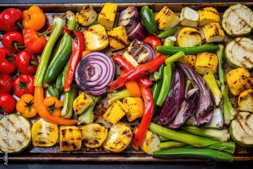 vibrant shot of grilled mixed veggies in minimalist setting