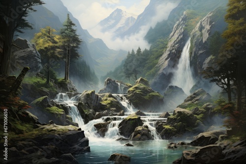 Waterfall in the middle of mountains with fog, natural landscape background, waterfall in the mountains, AI Generated