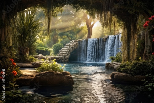 beautiful waterfall in the garden with sunlight and lens flare effect  waterfall in the park  AI Generated