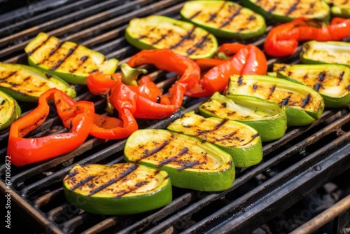 charred sweet peppers and zucchini on a grill pan