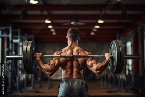 Handsome young muscular Caucasian man working out in a gym gaining weight pumping up muscles and poses fitness and bodybuilding concept, Weightlifter man practicing with barbells, AI Generated