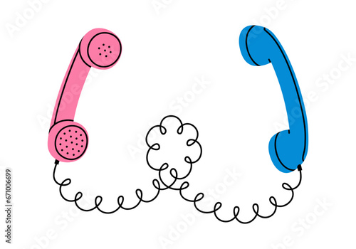 Hand drawn cute cartoon illustration of two retro phone handsets connected by wire. Flat vector old telephone receiver sticker in colored doodle style. Communication, dialogue icon or print. Isolated.