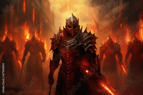Fantasy scene with a fantasy warrior in the fire. 3d illustration, Witness the Warriors of Ember, masked warriors in fiery armor, each wielding a unique weapon, dedicated to justice, AI Generated