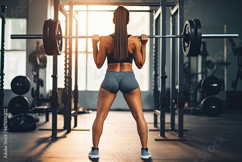 Back view of sporty young woman lifting barbell in gym, Woman doing squats with barbells at the gym, top section cropped, no face revealed, side view, no deformation, AI Generated