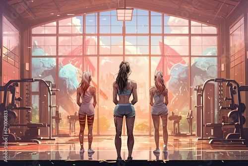 Back view of young women in sportswear standing in gym, Women doing battle workouts with rope in a gym, top section cropped, no face revealed, detailed muscles, AI Generated photo