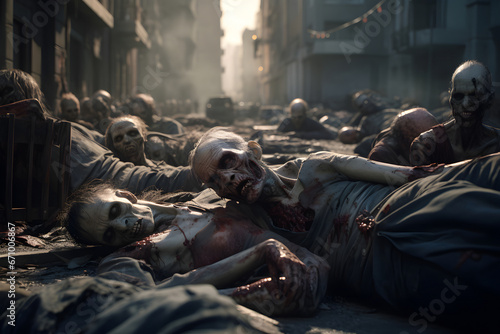 Zombie horde sleeping on a city street at morning. Not based on any actual person, scene or pattern.