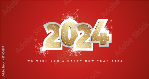 We wish you a Happy New Year 2024 light golden glitter typography on silver 2024 with sparkle firework. New Year 2024 on red background