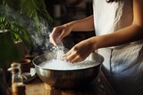 Young woman in a white apron sprinkles flour in a bowl with water, Woman adding salt in pot while cooking, AI Generated
