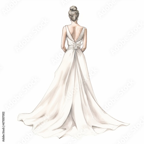 illustration of crayon drawing of a bride back view simple and elega, Generative ai