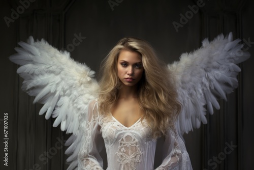 Beautiful young woman with angel wings on dark background. Halloween, White angel with wings, AI Generated