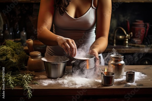 Close-up of a woman's hands cooking food in the kitchen, Woman adding salt in pot while cooking, AI Generated