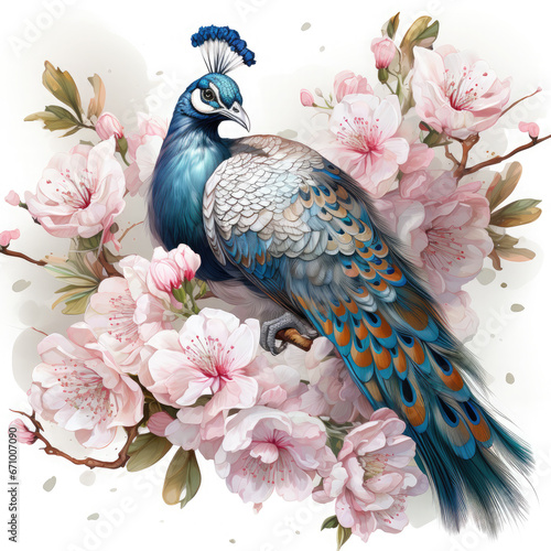 Watercolor peacock white background Clipart, Generative Ai
