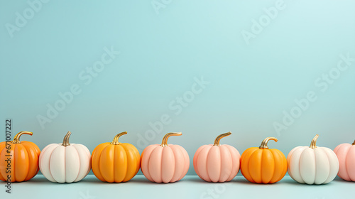 Small orange  white and pink pumpkins on pastel blue background