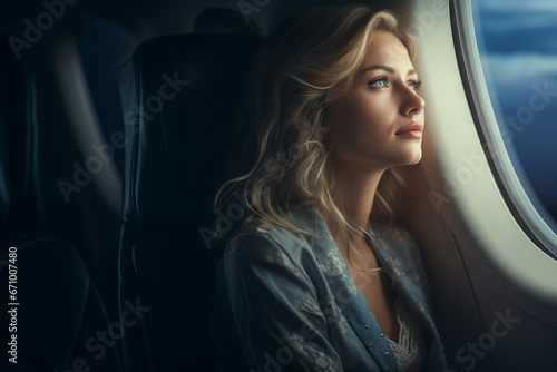 woman looking out on airplane window photo
