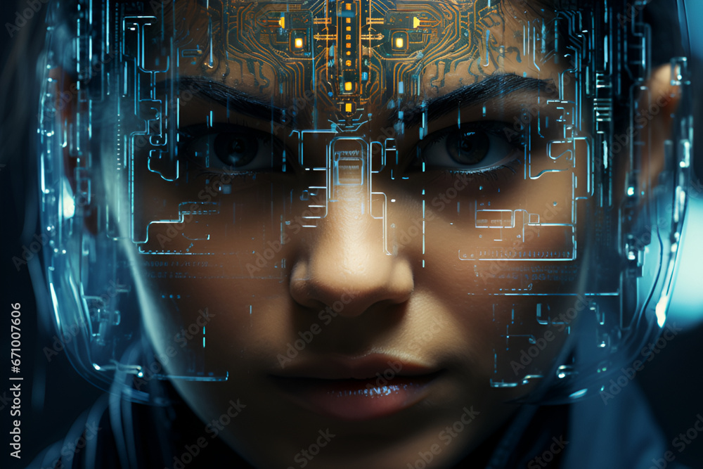 Close-up of woman face in process of scanning. Biometric concept