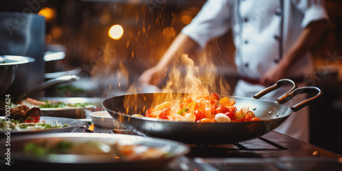 Gourmet food being prepared in restaurant kitchen, with hot frying pan and flames photo