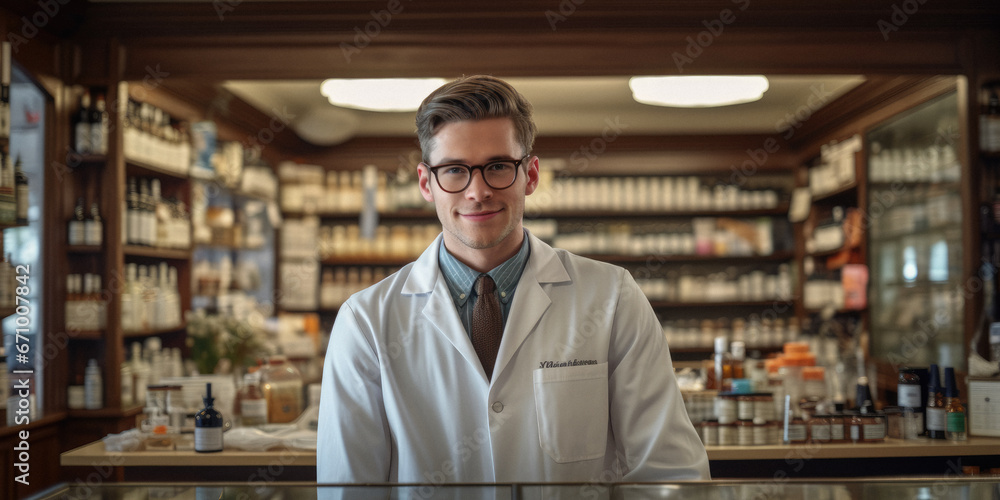 Pharmacist standing in pharmacy, surrounded by health related products.