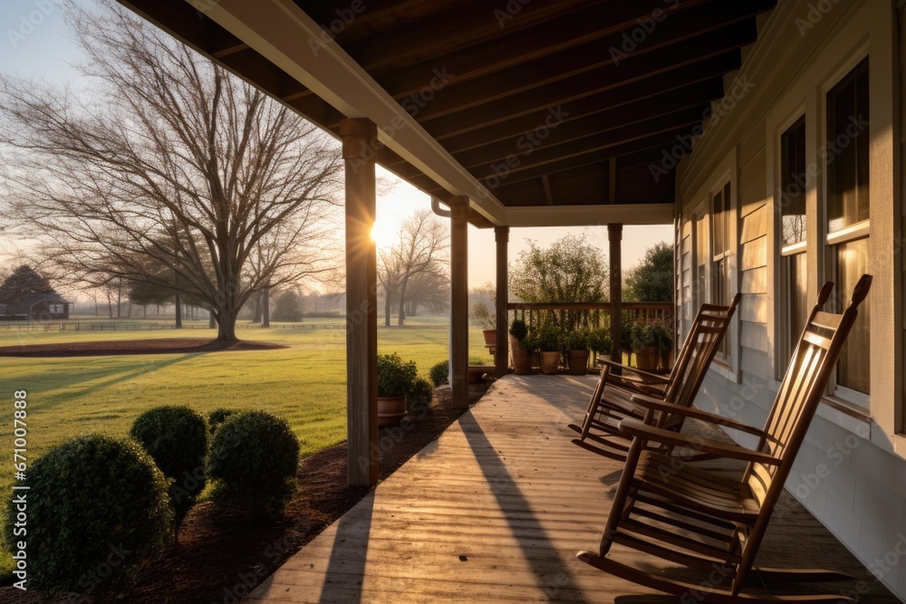 farmhouse porch with rocking chairs in early morning light