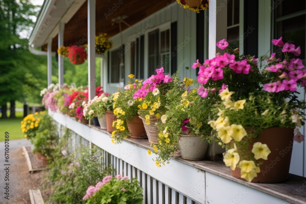 farmhouse porch decorated with pots of blooming flowers