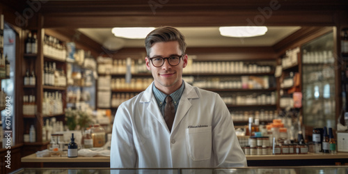 Pharmacist standing in pharmacy, surrounded by health related products.