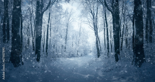fantasy winter landscape, snow falling on forest road photo