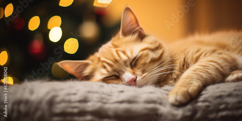 Ginger cat fast asleep on cosy cushion in front of Christmas tree © David