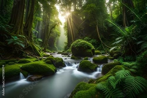 Vibrant jungle waterfall surrounded by lush vegetation - AI Generative
