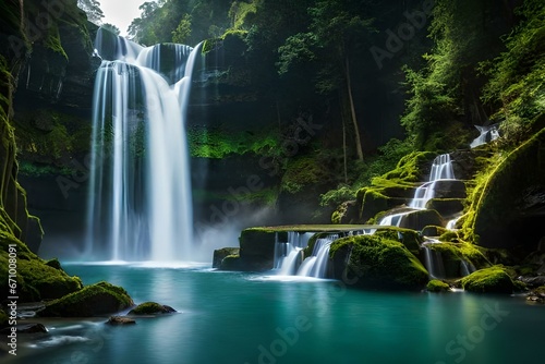 Vibrant jungle waterfall surrounded by lush vegetation - AI Generative © Max_T