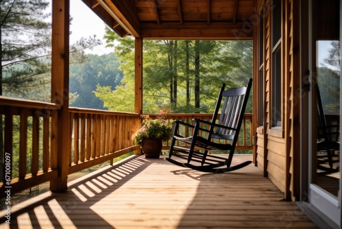 rocking chair on a cabins wood plank porch