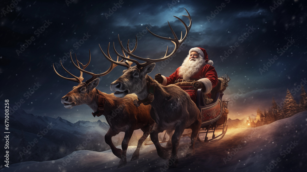 Christmas Santa Claus on sledge pulled by rein deers - obrazy, fototapety, plakaty 