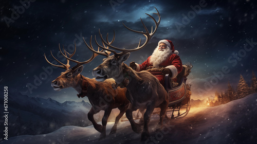 Christmas Santa Claus on sledge pulled by rein deers photo