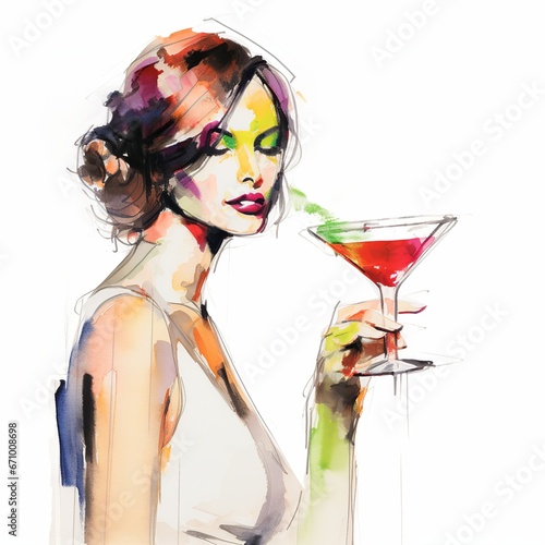 illustration of crayon drawing of a woman with a glass of cocktail  Generative ai