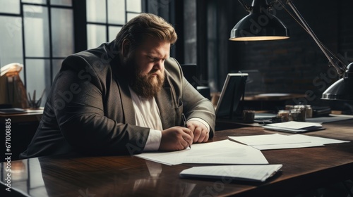 Plus size business man, fat man note and check on financial paper in office, Generative AI