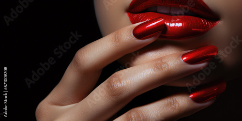 Fotografiet Glamorous red painted finger nails against red sultry lipstick