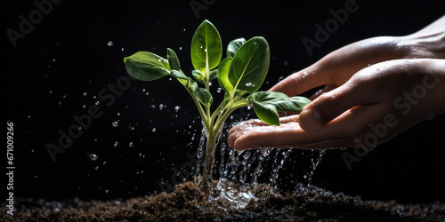 Hand feeding water to young plant