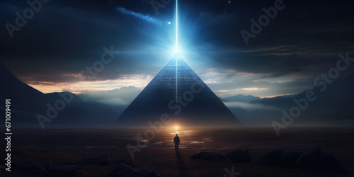 A divine pyramid in ancient Egypt, bathed in celestial radiance emanating from its apex, while a shadowy figure stands in the foreground.