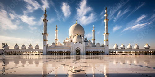 Grand mosque from distance with clear blue sky The Majestic Grand Mosque reflected on the surface Islamic Masjid Photo with clouds and sky background Ai Generative
