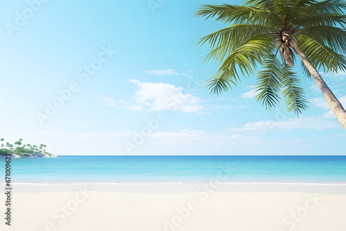 tropical beach view at sunny day with white sand, turquoise water and palm tree. Neural network generated image. Not based on any actual scene or pattern.