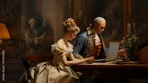 Painting of an 18th century lady and gentleman using a computer
