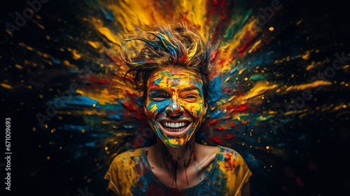 Smiling young woman with face smeared with colorful paint