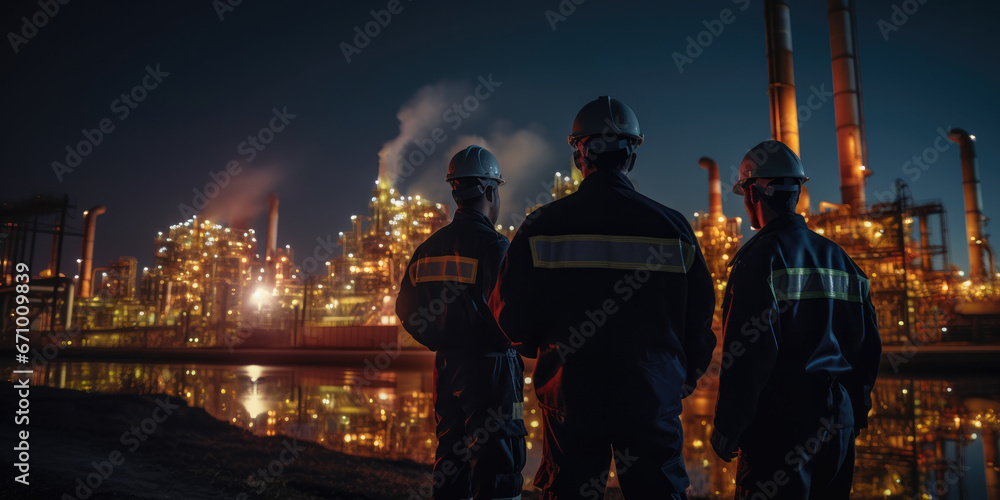 Workmen standing in front of oil refinery at night with lights blazing  - obrazy, fototapety, plakaty 