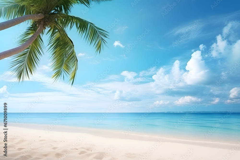 tropical beach view at sunny day with white sand, turquoise water and palm tree. Neural network generated image. Not based on any actual scene or pattern. tropical beach view at sunny day with white sand, turquoise water and palm tree. Neural network generated image. Not based on any actual scene or pattern.