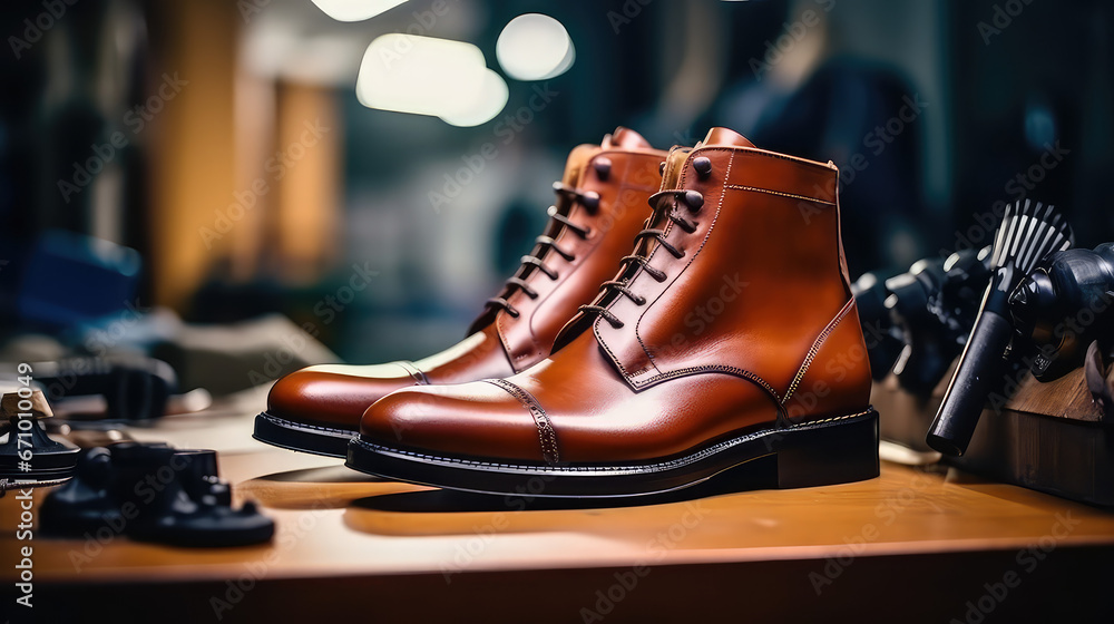 Close-up of quality male leather boots. Creative concept of leather workshop, repair and manufacture of luxury shoes to order. Close-up of quality male leather boots. Creative concept of leather workshop, repair and manufacture of luxury shoes to order.